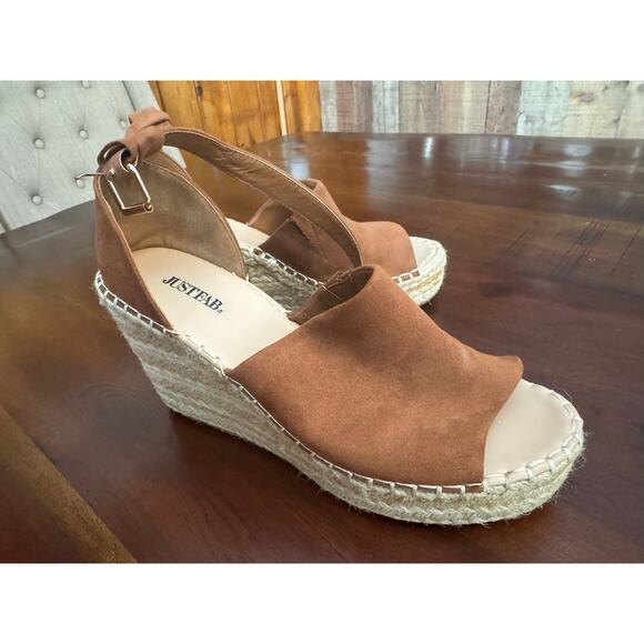 JustFab Espadrille Wedge Brown Peep Toe Sandals Size 9 - Picture 2 of 9